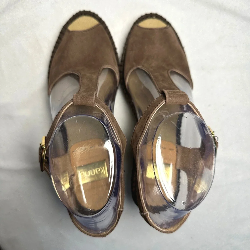 Kanna Espadrille‎ Wedge Sandals Brown Suede Size EU37/US7 Boho Coastal Vacation